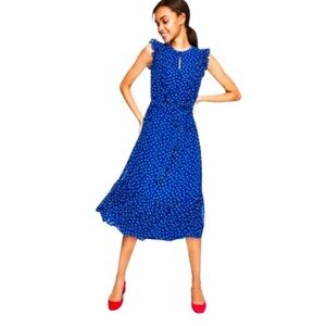 Boden Elise Style Blue Sleeveless Belted Lined Polka Dot Midi Dress Size US 14R